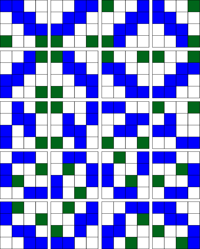 16 squares with 6 blue and 2 green